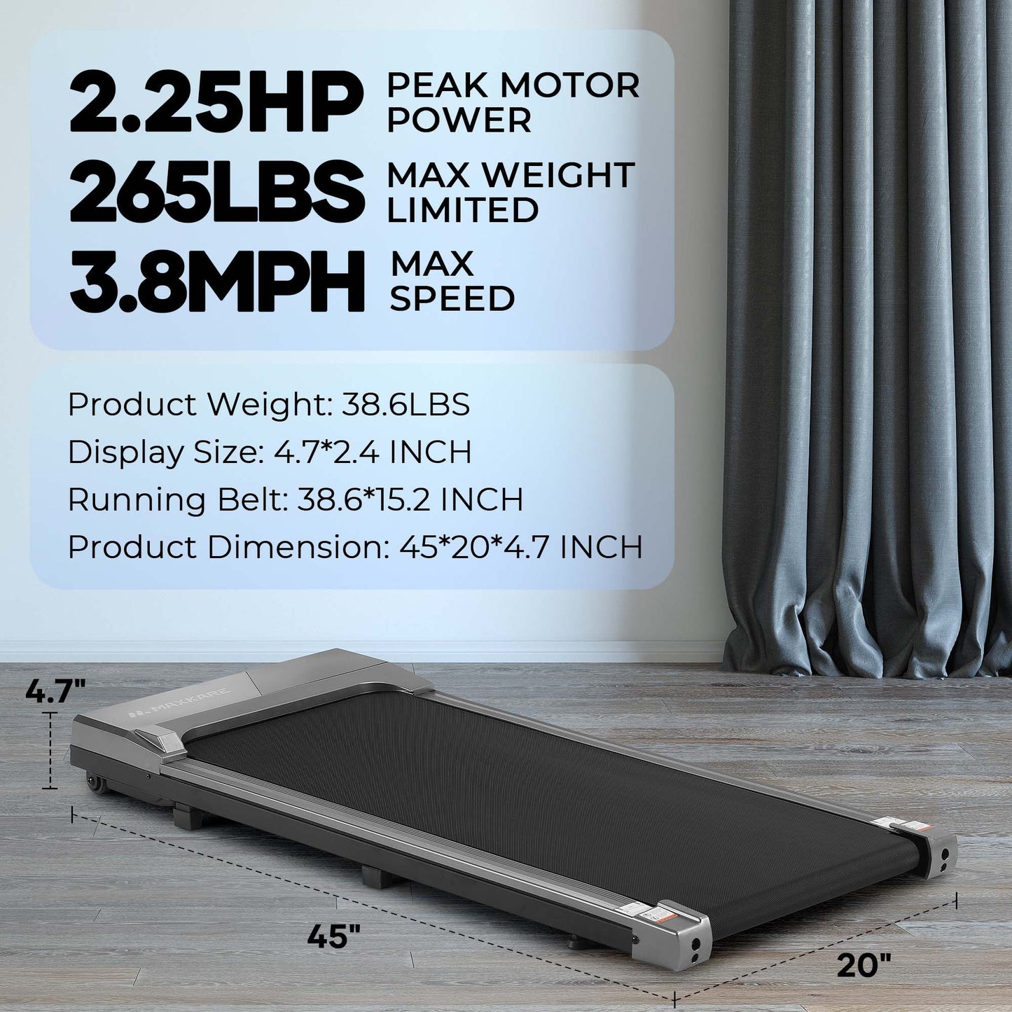 Walking Pad Treadmill 4.7" Ultra-Thin, Underdesk Treadmill2.25Hp, 3.8 MPH, Remote Control, Compact Walking Pad for Home Office, 265 Lbs